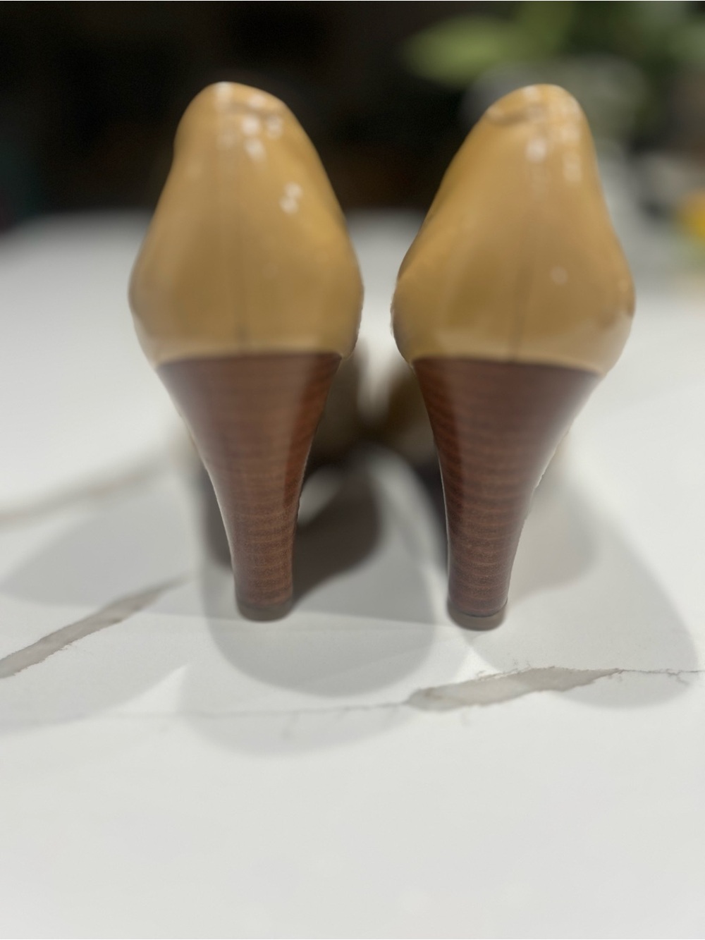 Coach Elora Patent Leather Peep-Toe Pumps in Camel/Tan with Logo Hardware - Picture 4 of 8
